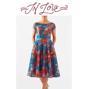 Floral print fit & flare dupioni dress.